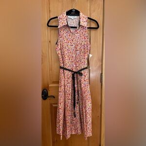 Sara Campbell Pink Floral Midi Dress with Black Polka Dot Belt